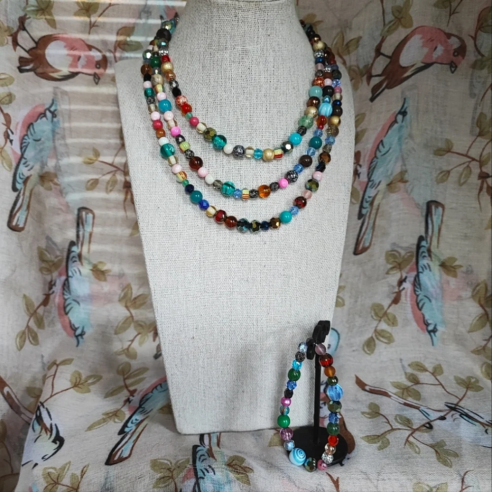3 Pieces Set Faceted Art Glass Beads Vintage 2 Necklaces Bracelet Multi Colored